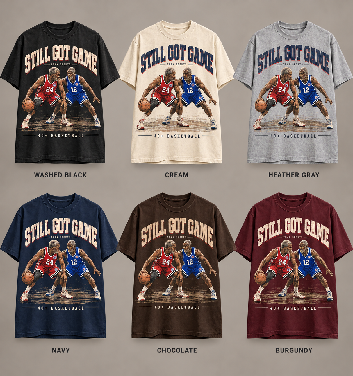 Six Still Got Game tee colors: washed black, cream, heather gray, navy, chocolate, burgundy