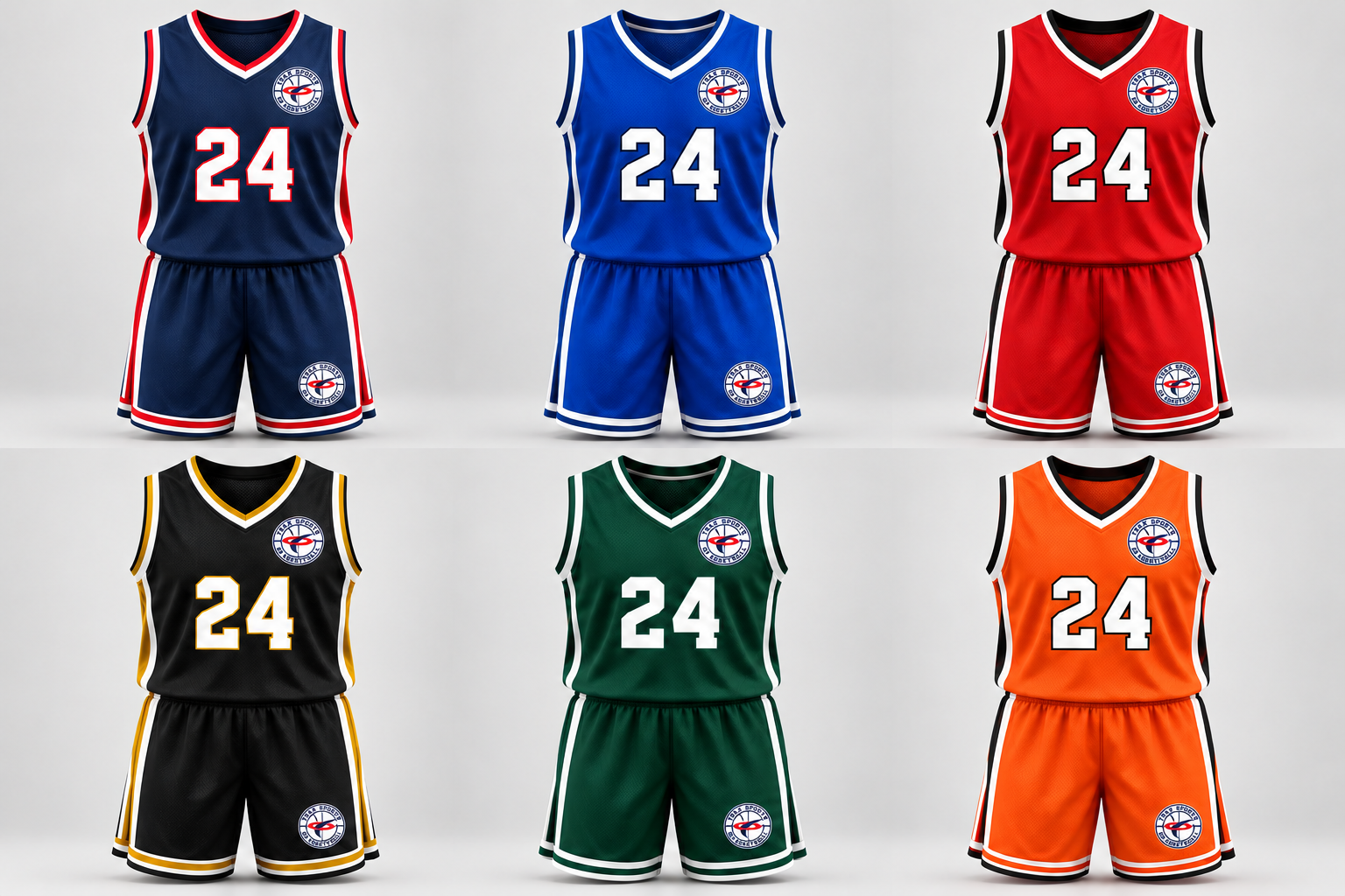 Six Trax Sports men’s basketball uniform colorways with smaller chest badges and jersey numbers